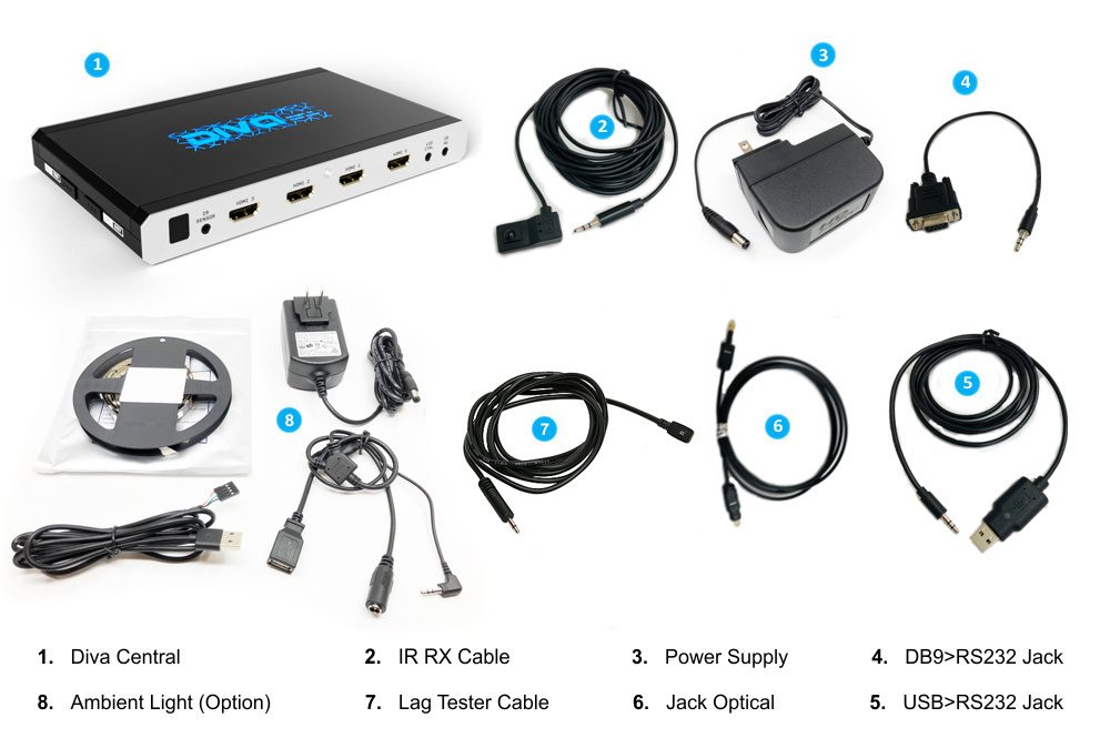 Diva central, power supply, IR RX cable, lag tester cable, RS232 jacks and optical cable