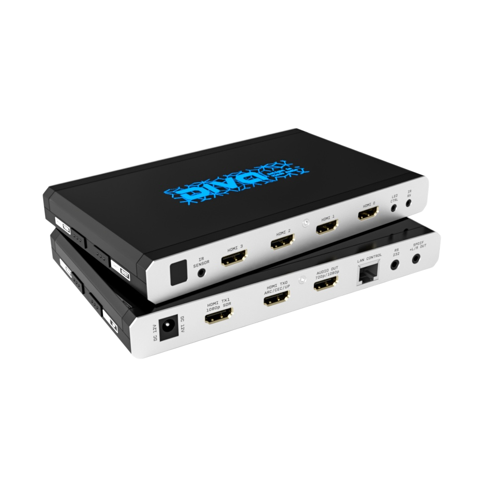 HDfury Diva front and back panel with four HDMI inputs and three outputs