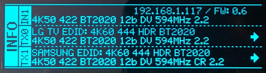 The Diva OLED default info page showing input, TX0 and TX1 signal information