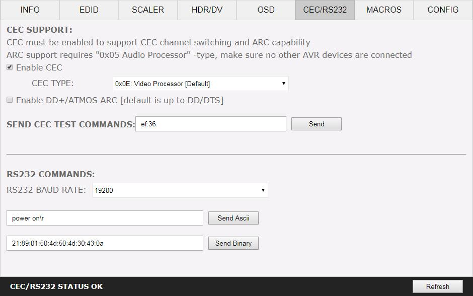 The CEC and RS232 section of the HDfury Diva web server