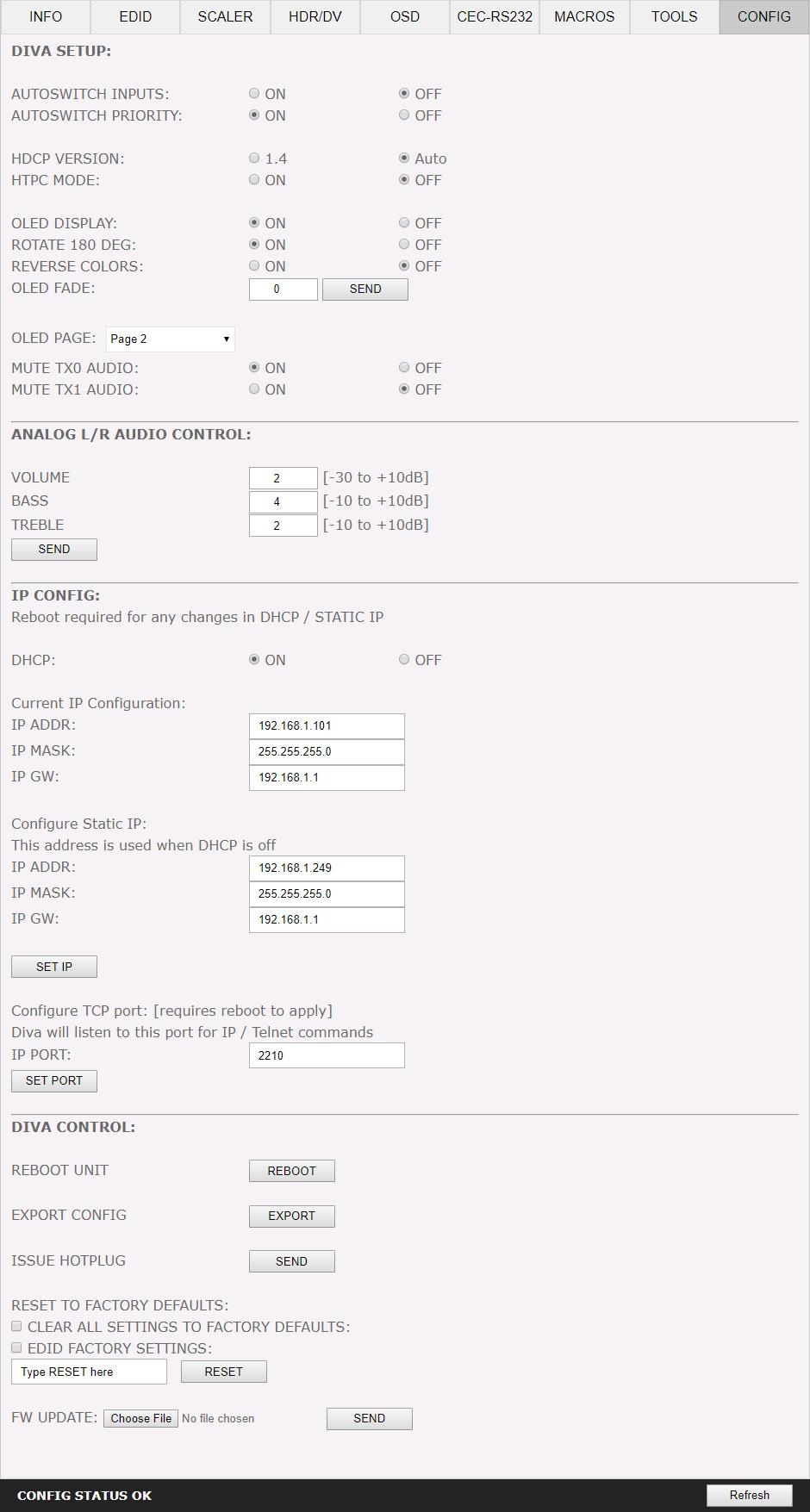 The CONFIG section of the HDfury Diva web server