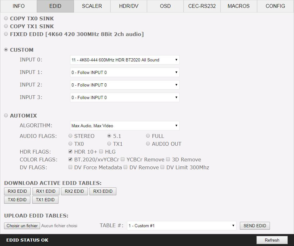 The EDID section of the HDfury Diva web server