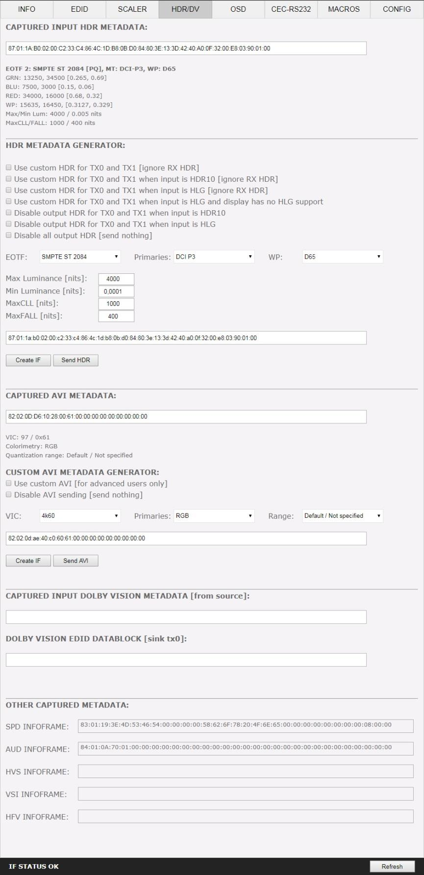 The HDR and Dolby Vision section of the HDfury Diva web server