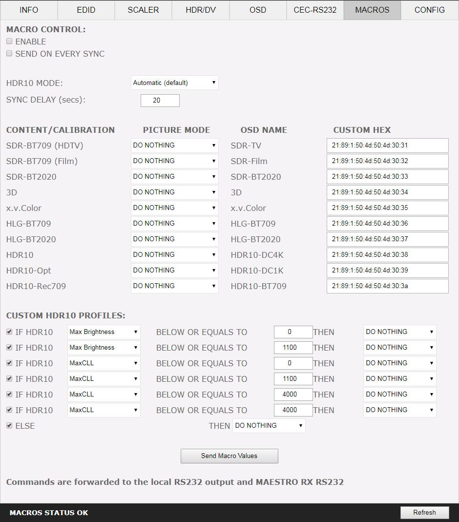 The MACROS section of the HDfury Diva web server