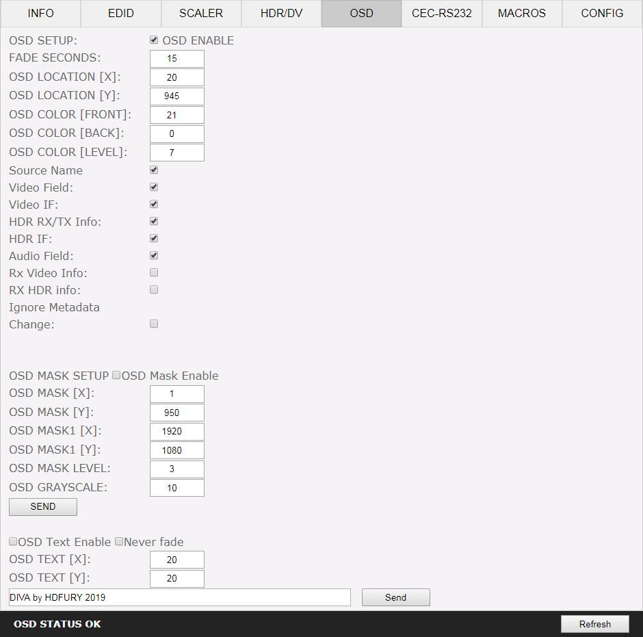 The OSD section of the HDfury Diva web server