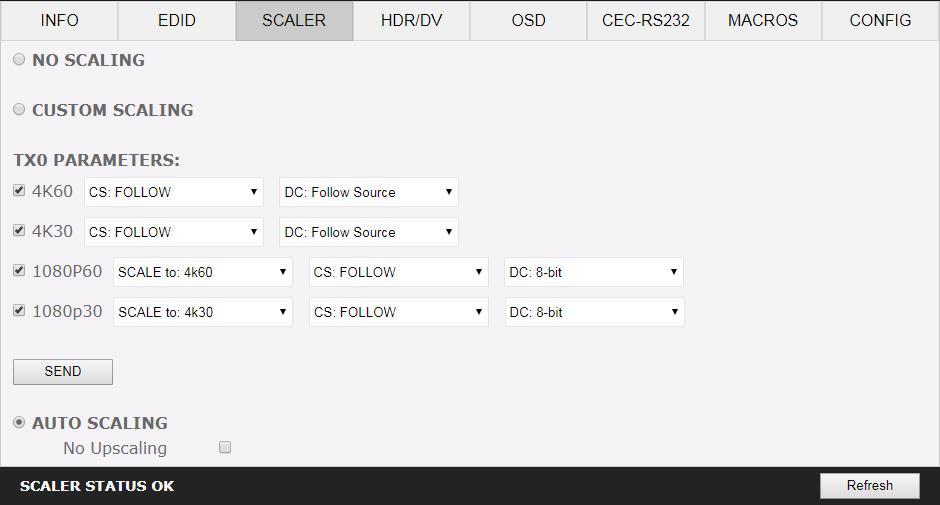 The SCALER section of the HDfury Diva web server