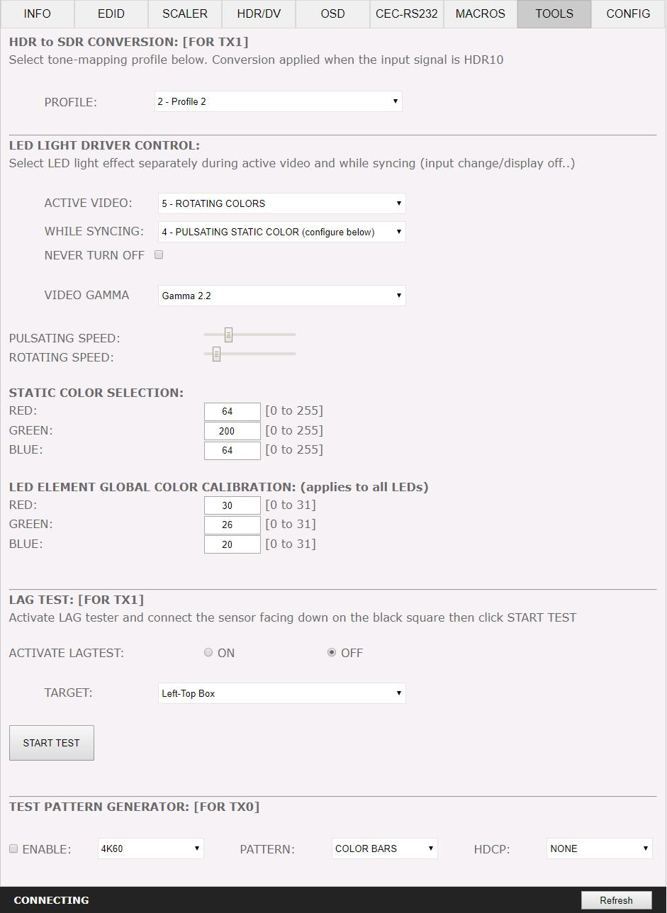 The TOOLS section of the HDfury Diva web server with ambient light and lag tester settings