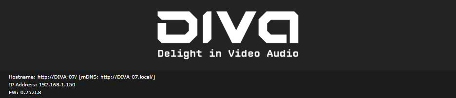 The top bar of the Diva web server showing hostname, mDNS, IP address and firmware version
